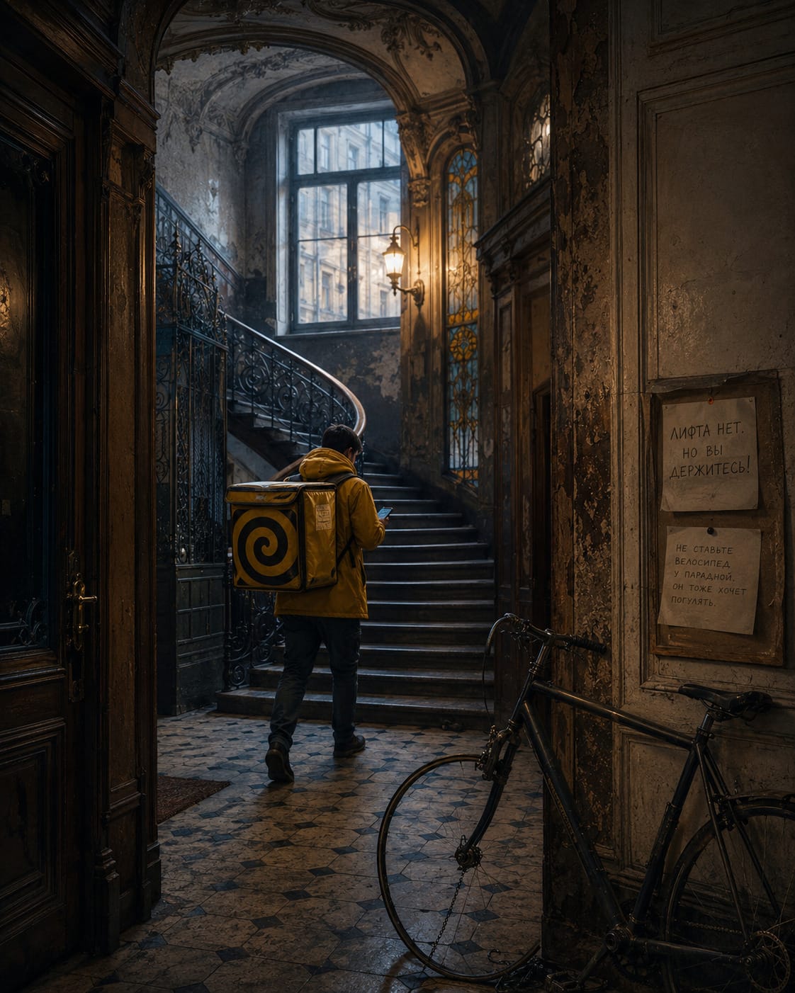 Historic St Petersburg entrance and food delivery rider for Chapter 3 of St Petersburg. This Is Normal.