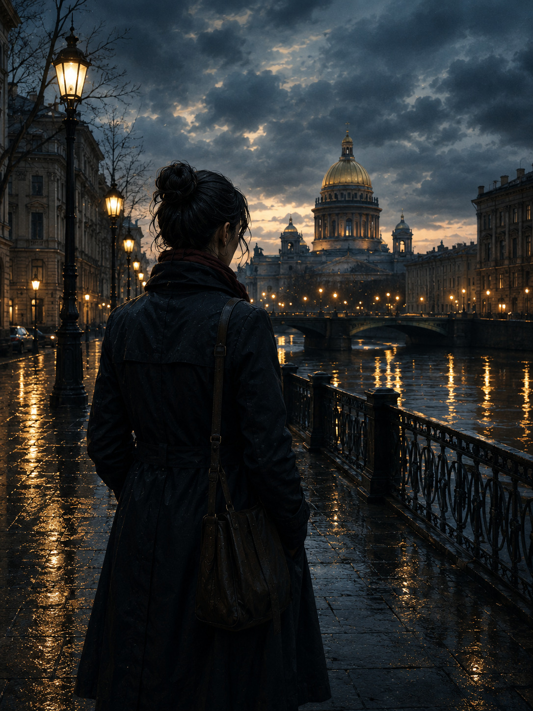 Olga Vorontsova walking through rainy St. Petersburg for Chapter 1 of The Alibi of St. Petersburg